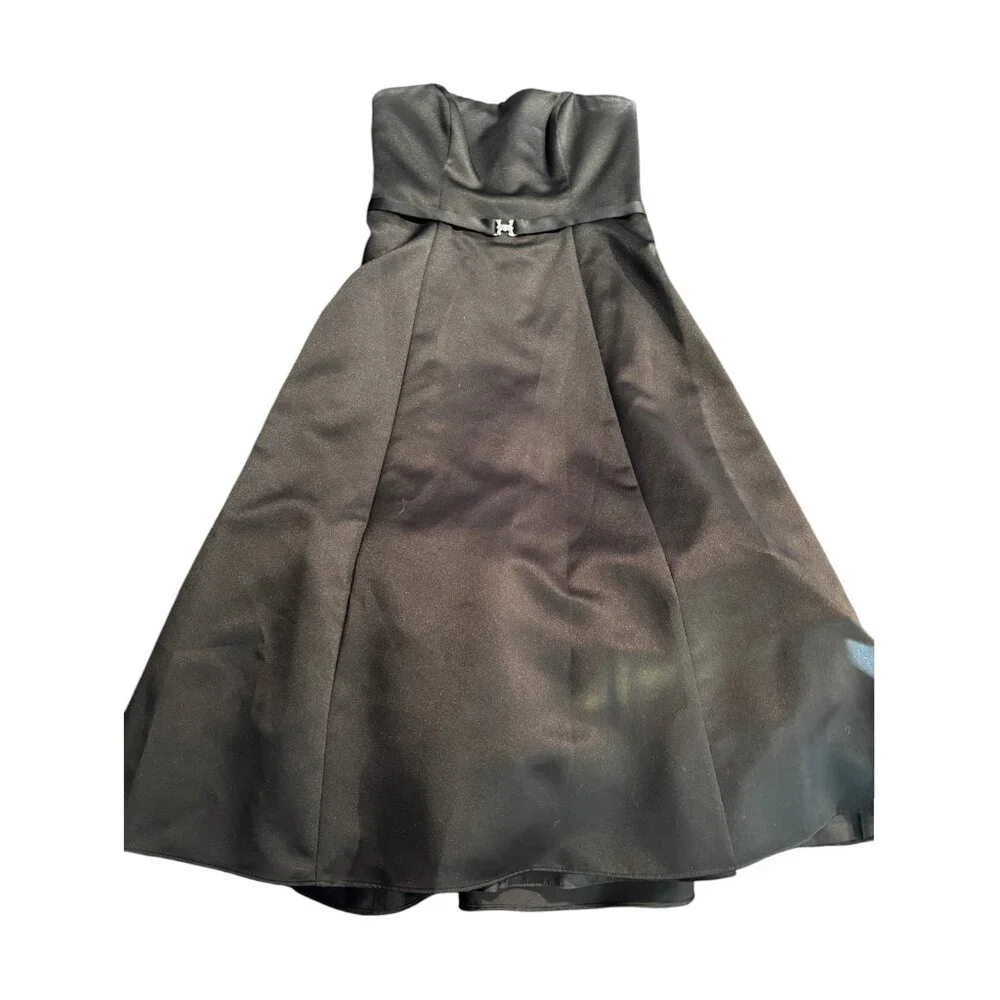 Michaelangelo black satin strapless belted tea length A-Line formal‎ dress sz 8